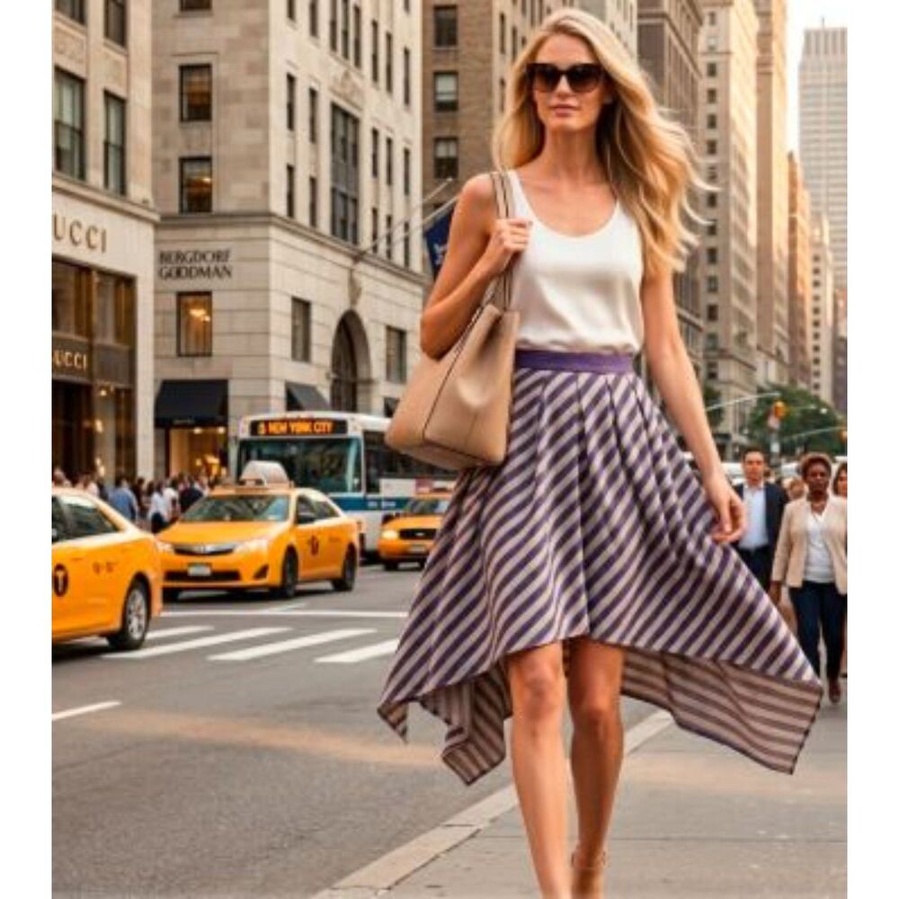 Eva Franco Hillary Blue Grey Lincoln Stripe Handkerchief Midi Skirt Sz S NWT 198